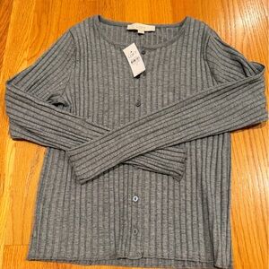 LOFT Heather Gray Ribbed Button Cardigan